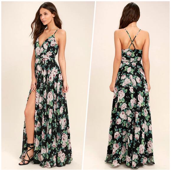 Lulus | Women | Legendary Romantic Dark Floral Chiffon Wrap Maxi Dress | Size XL - Picture 13 of 16